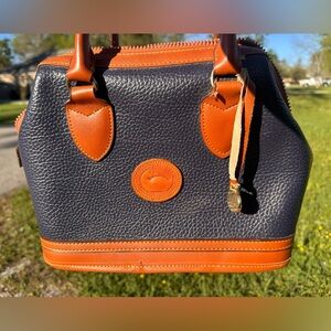 Dooney & Bourke Navy Pebbled Leather Satchel with Brown Trim